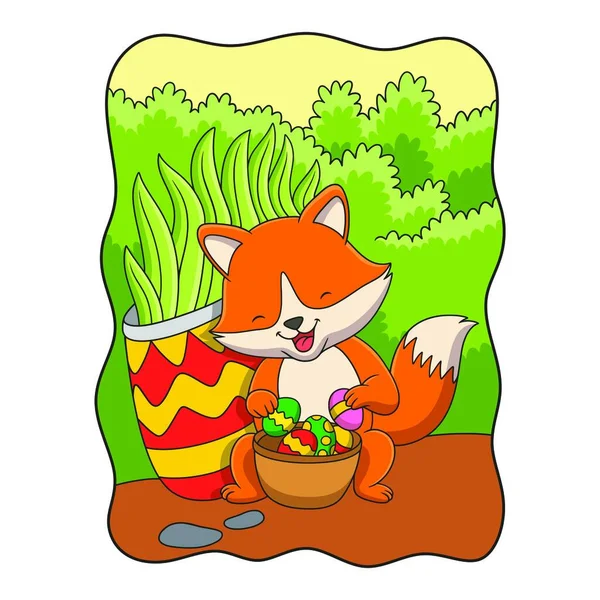 Cartoon Illustration Fox Holding Container Colorful Eggs Bush Forest — Stock Vector