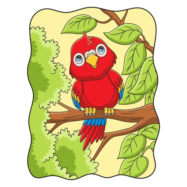 Cartoon Illustration Parrot Perching Big Tall Tree Trunk Looking Clouds — Vettoriale Stock