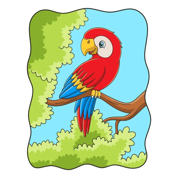 Cartoon Illustration Parrot Perched Gracefully Tall Tree Trunk Its Beautiful — Stock Vector