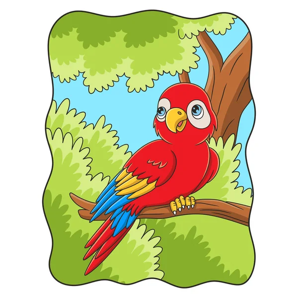 Cartoon Illustration Parrot Perched Tall Big Tree Trunk Middle Forest — Vettoriale Stock