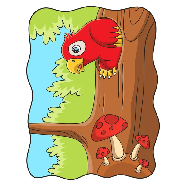 Cartoon Illustration Parrot His House Tree Trunk Peeked Out See — Stock Vector