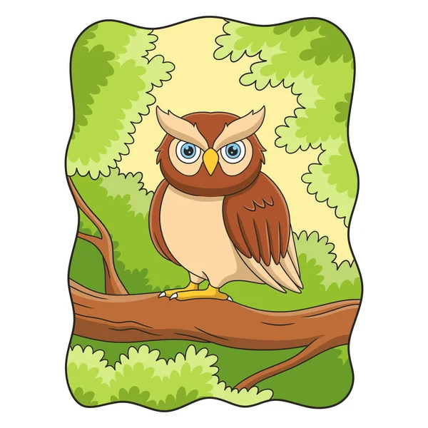 Cartoon Illustration Owl Perching Big Tree Trunk Day — Vettoriale Stock