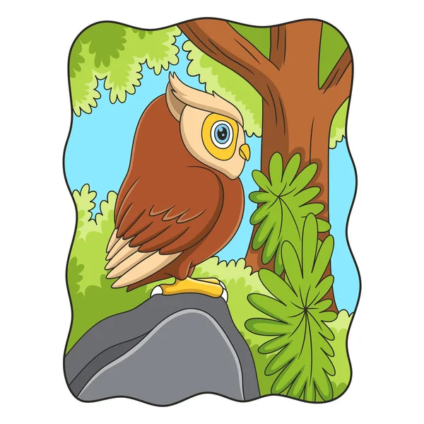 Cartoon Illustration Side View Owl Perched Large Rock Thick Forest — Vettoriale Stock