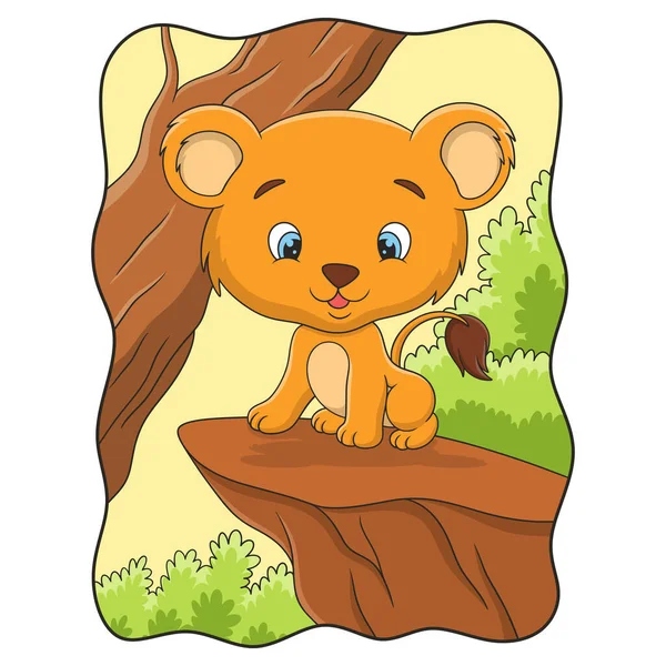Cartoon Illustration Lion Cub Sitting Proudly Cliff Big Tree Middle — Vettoriale Stock