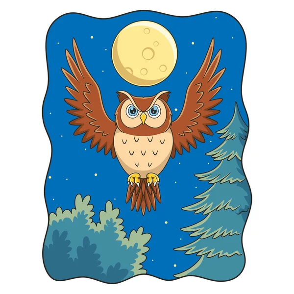 Cartoon Illustration Owl Flies Proudly Light Full Moon Forest — Vettoriale Stock