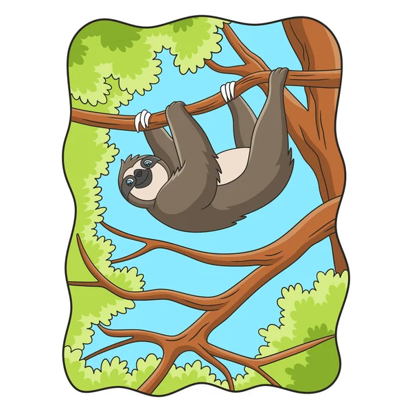 Cartoon Illustration Sloth Hanging Tree Casually Enjoy Hot Sun Morning — Stock Vector