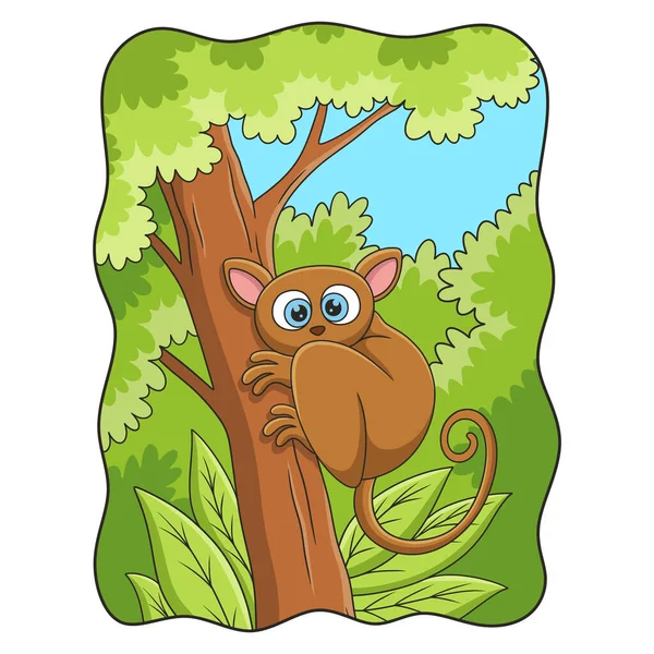 Cartoon Illustration Tarsier Climbing Tall Big Tree Relax — Stockvector