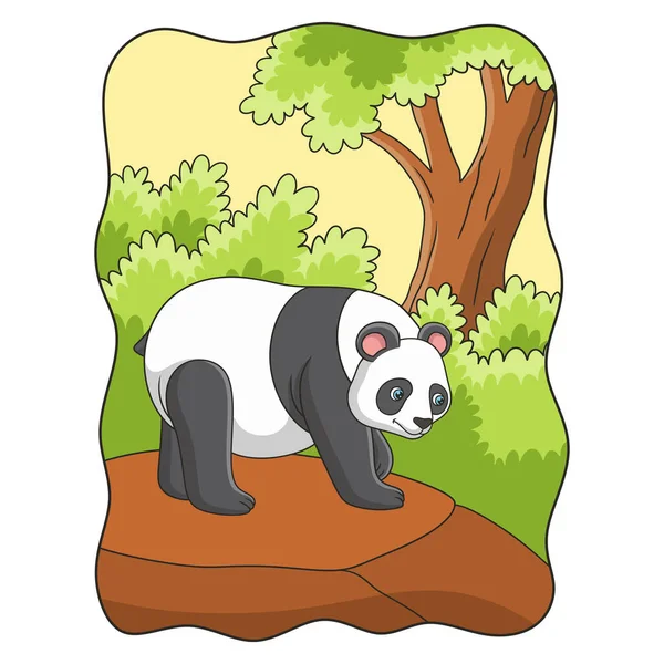 Cartoon Illustration Panda Walking Cliff Middle Forest Looking Food — Vettoriale Stock