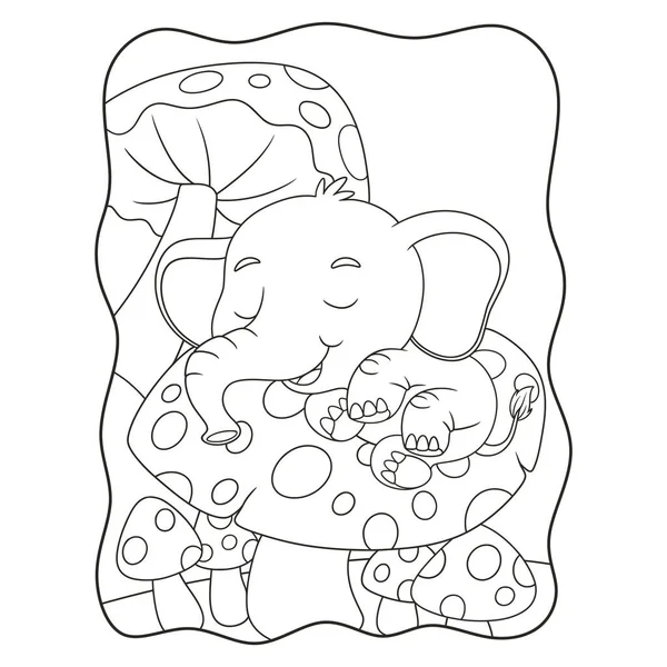 Çizgi film, gündüz kitabı boyunca dev bir mantarın üzerinde uyuyan fil ya da çocuklar için siyah-beyaz bir sayfa.