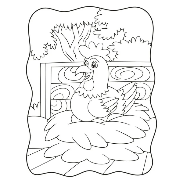 卡通画了一只母鸡正在孵蛋 这只母鸡正准备在笼子里孵蛋 给黑人和白人小孩看 — 图库矢量图片