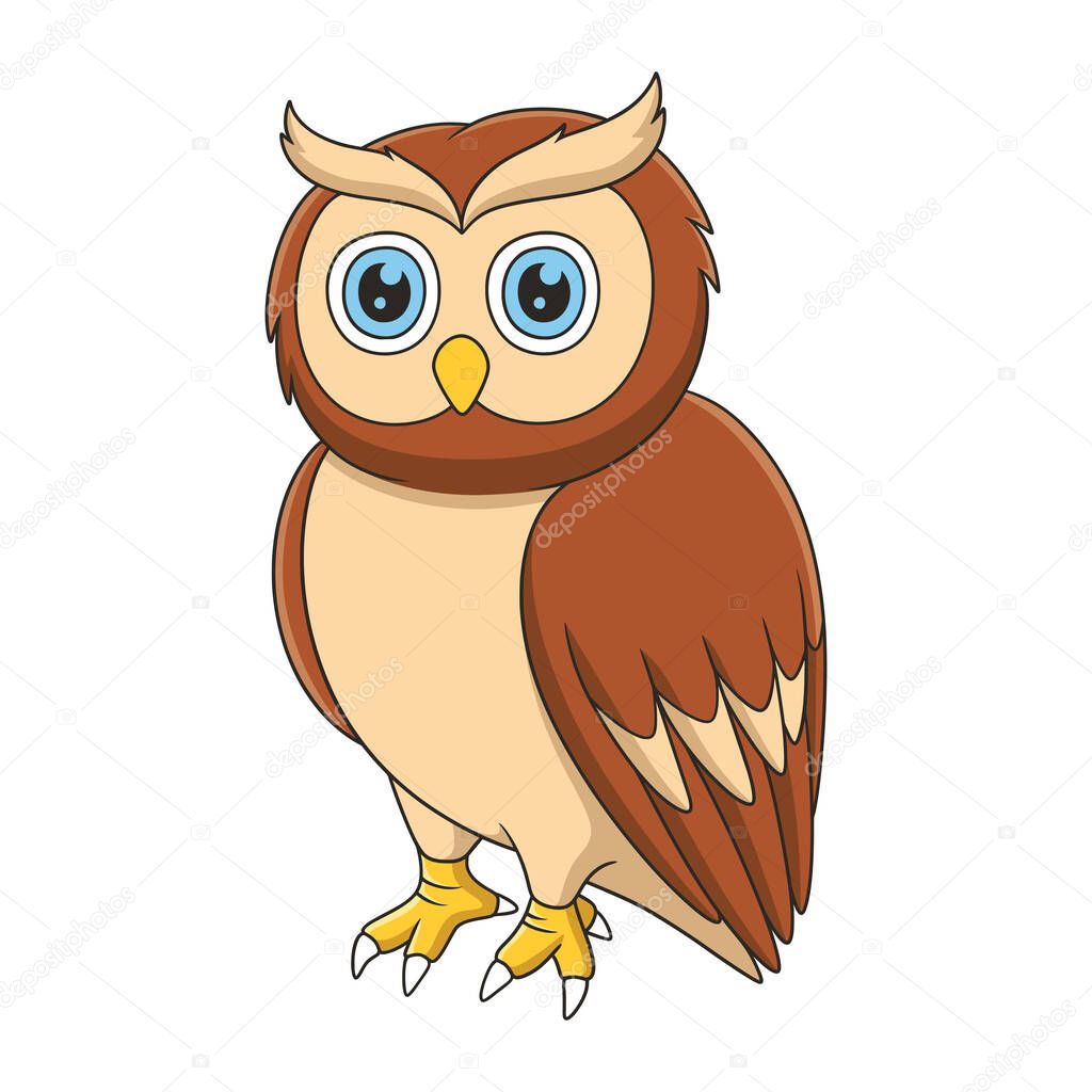 cartoon illustration an owl perched coolly on a fallen tree trunk in the middle of the forest