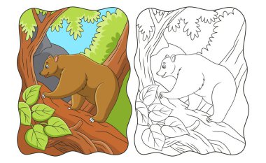 Çizgi film illüstrasyonu. Uçuruma tırmanmaya çalışan bir ayı. Uçurum kitabı ya da çocuklar için bir sayfa yiyecek arıyor.