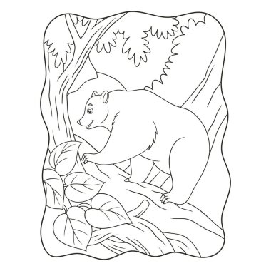 Çizgi film illüstrasyonu. Uçuruma tırmanmaya çalışan bir ayı. Uçurumun tepesinde yemek arayan bir ayı.