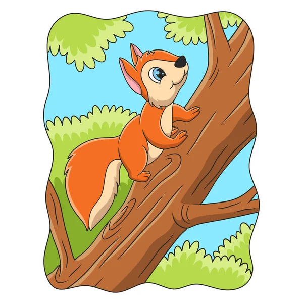 Cartoon Illustration Squirrel Climbing Big Tree Get Food — ストックベクタ