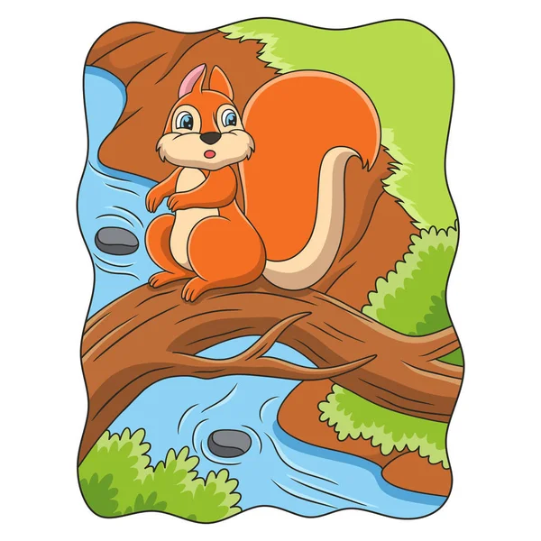 Cartoon Illustration Squirrel Sitting Fallen Tree Trunk River Beautiful View — Image vectorielle