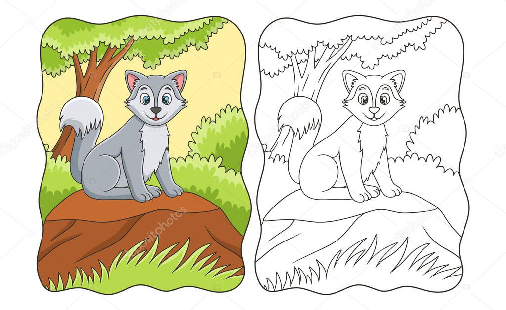 cartoon illustration a wolf sitting coolly on a cliff under a big tree to enjoy the morning air book or page for kids