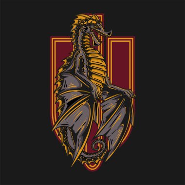 Siyah arkaplan vintage illüstrasyonlu siyah altın ejder.