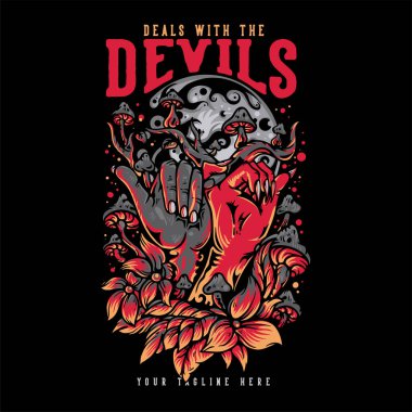 Tişört tasarımı şeytanlarla uğraşır. Serçe parmak sözü ve siyah arkaplan resimleriyle.