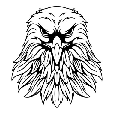 Vektör illüstrasyonu. Kartalın kafasının dik bir pozisyonda avını siyah ve beyaz olarak takip edişinin ön görüntüsü.