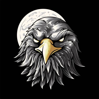 Vector Illustration Colored Front View of the Eagle Head with Moon Vintage Illustration