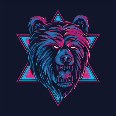 Vektör illüstrasyon tüyler ürpertici ayı kafası ile kırmızı ve mavi renkli vintage illüstrasyon