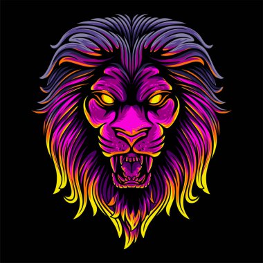 Vector Illustration Colluful Front View of a Lion 's Head with a Growl Poose Vintage Illustration
