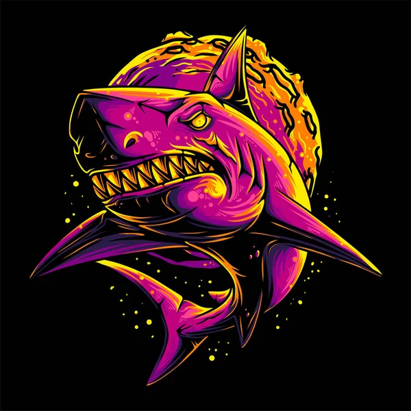 Vector Illustration Colluful Shark serin ve ürkütücü pozisyonu ve keskin dişli klasik illüstrasyonu
