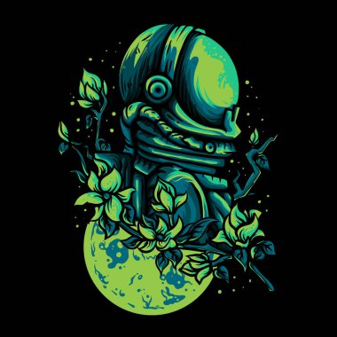 Vektör Çizimi Renkli Astronot Uzayda Yarım Vücut ve Ay Arkaplan Vintage İllüstrasyonu