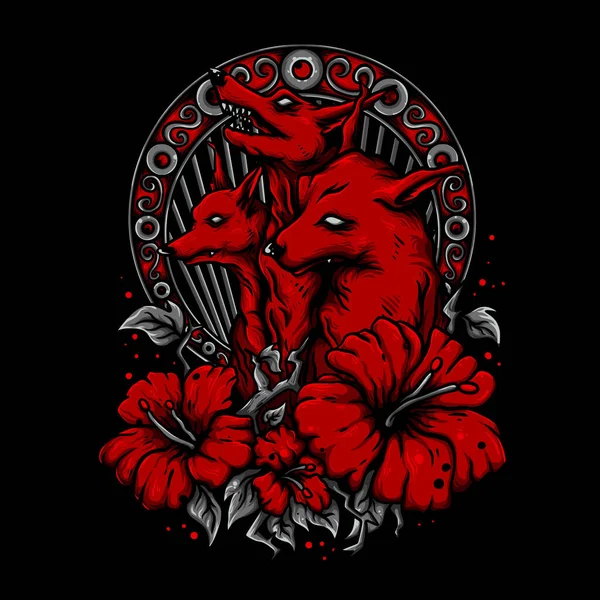 Ilustração Vetorial Colorido Assustador Encabeçado Hellhound Cerberus Cercado Por Flores — Vetor de Stock