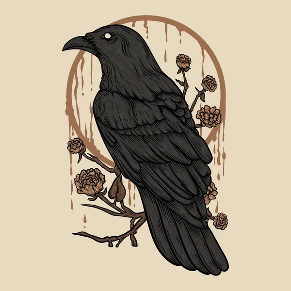 Vector Ilustração Raven Perch Ramo Flor Com Flor Ilustração Vintage — Vetor de Stock