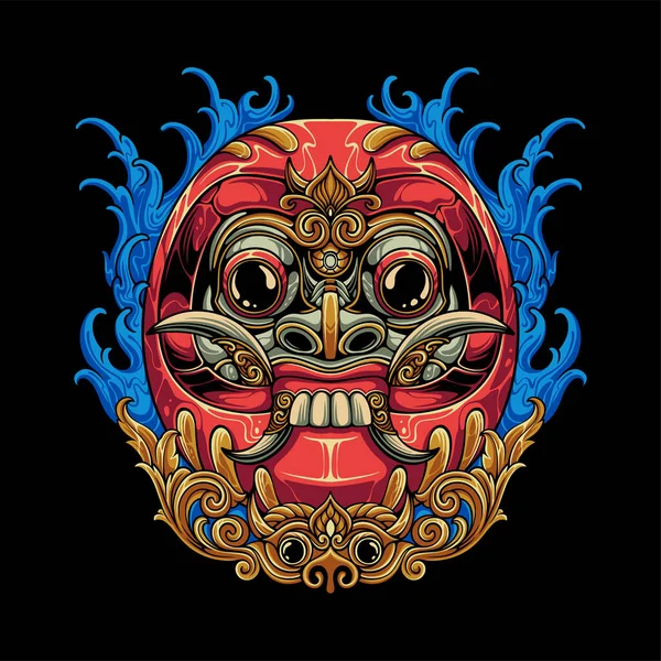 Kleurrijke Japanse Daruma Blend Met Balinese Rangda Masker Met Ornamenten — Stockvector