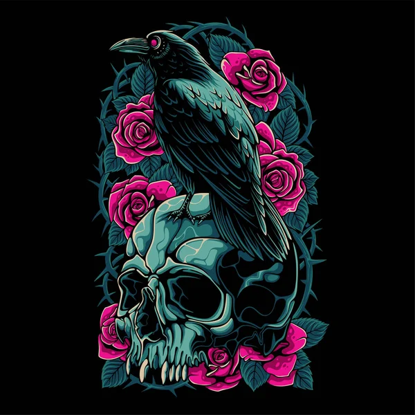 Coloré Crâne Avec Corbeau Perché Dessus Sur Fond Rose Pour — Image vectorielle