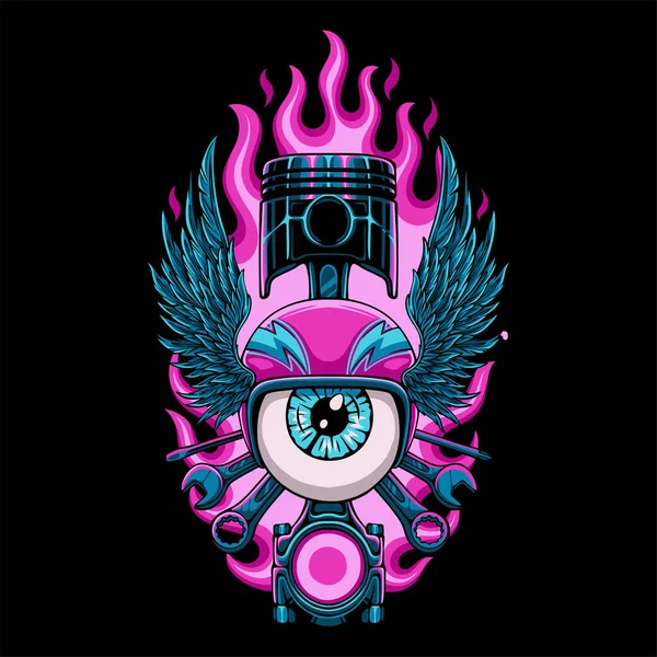 Πολύχρωμο Eyeball Φορώντας Κράνος Κλειδί Διάφορα Κλειδιά Εργαστηρίου Και Έμβολα — Διανυσματικό Αρχείο