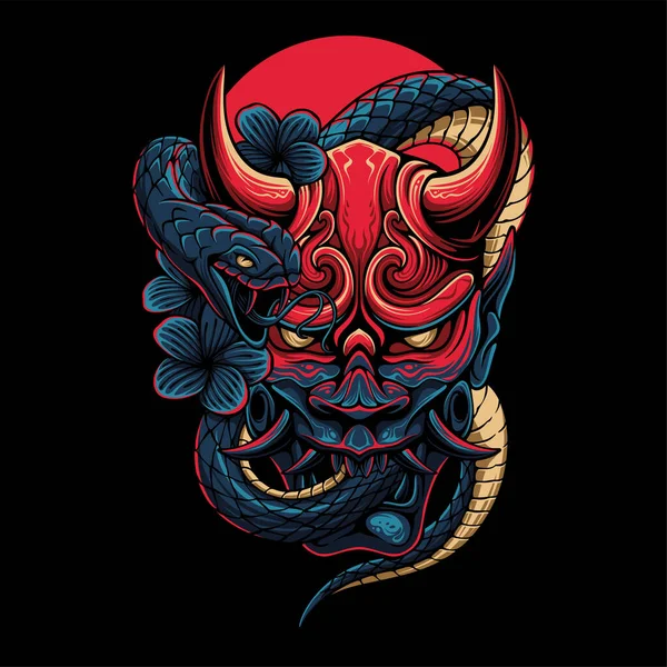 五彩斑斓的魔鬼面具 上面缠着一条蛇 环绕着一条圆圆的背景来设计T恤 — 图库矢量图片