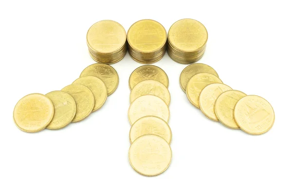 Gold coin heading to pile of money — Stock Photo, Image