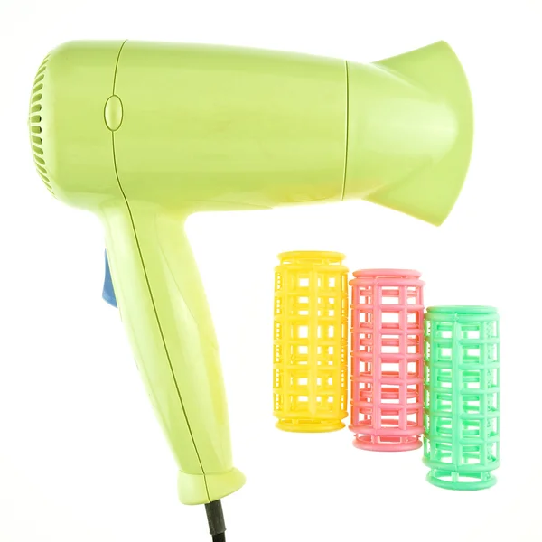 Old green hairdryer and colorful curler isolated — Stock Photo, Image