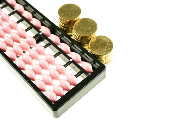 Pink abacus retro japan calculator and gold coins isolated — Stock Photo, Image