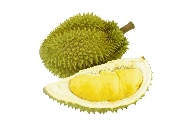Durian maturo e parte con punte isolate — Foto Stock