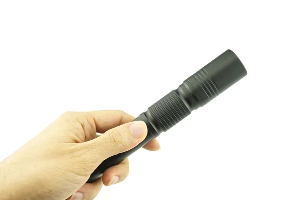 Man holding black flashlight isolated — Stock Photo, Image