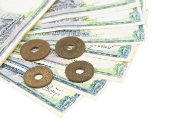 izole eski antik bill ve sikkeler Tayland yığını