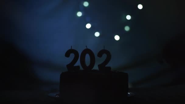 Chargement de la nouvelle année 2022 avec la main mettre et brûler la bougie sur le gâteau de fête — Video