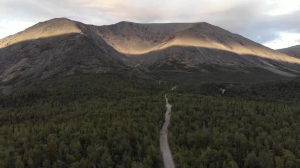 Khibiny dağlarına giden orman boyunca toprak bir yolun tepesinden bir manzara. — Stok video