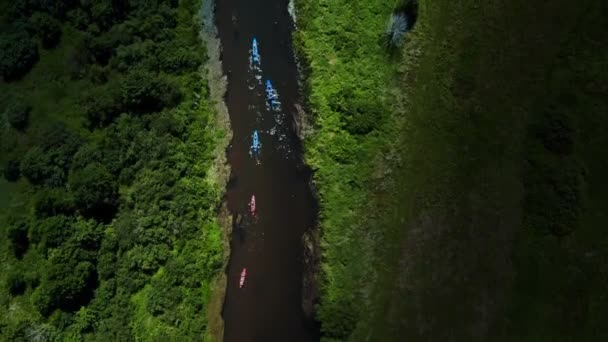 Воздушный полет над группой каяков, плывущих вдоль реки один за другим — стоковое видео
