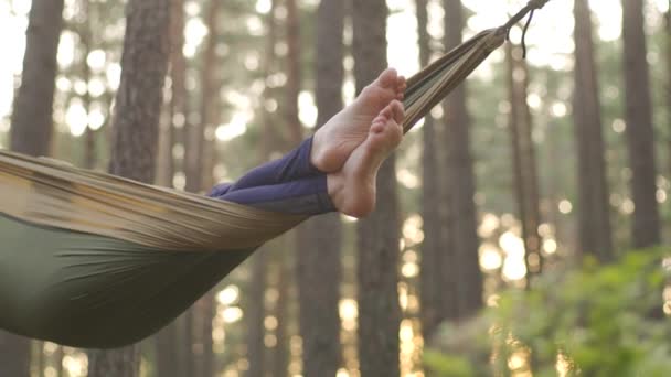 Una ragazza felice riposa in una foresta estiva su un'amaca verde — Video Stock