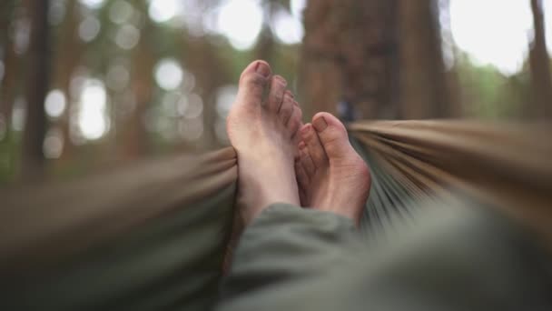 Yorgun bir adam ormanda açık havada dinleniyor. — Stok video