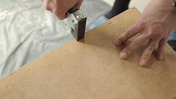 Hemförbättring. En manlig installatör använder en häftapparat för att fästa plywood — Stockvideo