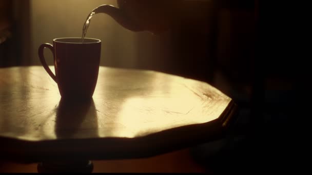O bule derrama chá quente em uma xícara nos raios dourados do sol — Vídeo de Stock