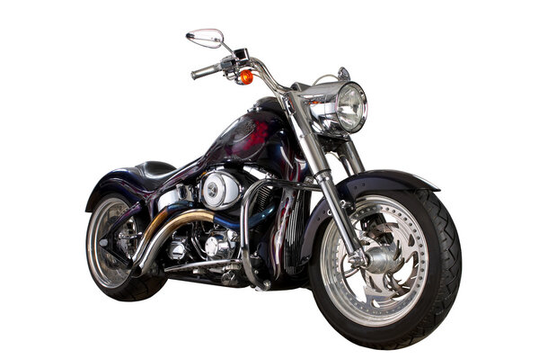 Черный мотоцикл изолирован на белом с дорожкой
