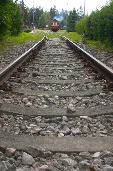 Train tracks with locomotive — Stock Photo, Image