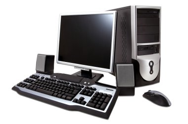 lcd monitör, klavye, hoparlör ve fare ile masaüstü bilgisayar, 